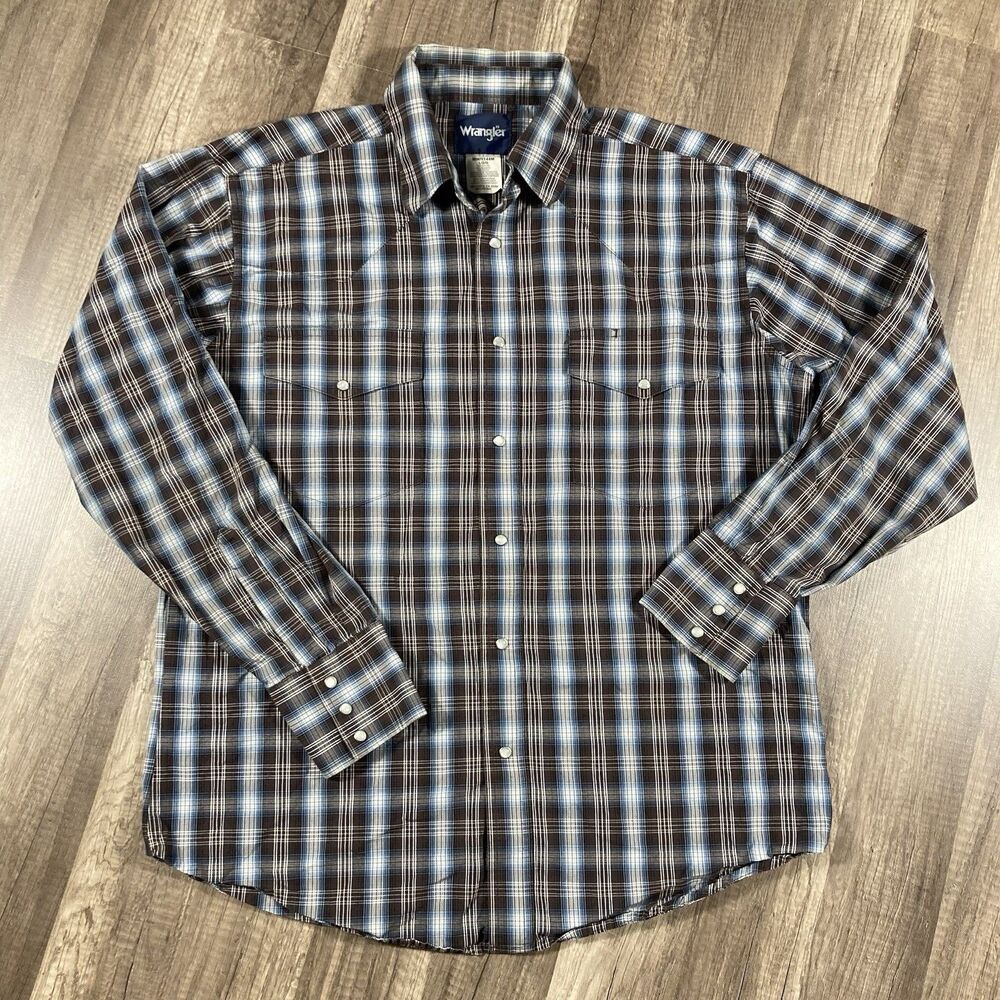 Wrangler Western Pearl Snap Shirt Men’s L Blue Black Plaid Cowboy Rodeo Ranch LS